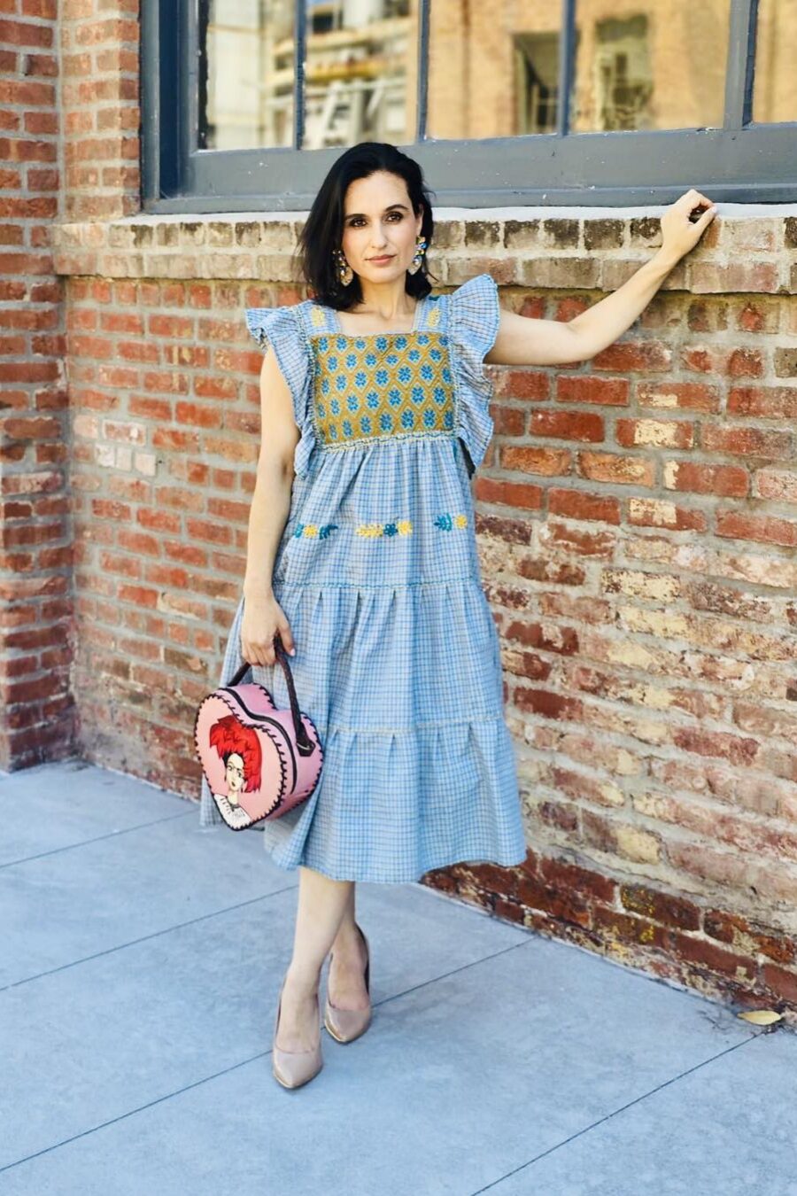 Folk-Inspired Blue Gingham Embroidered Midi Dress