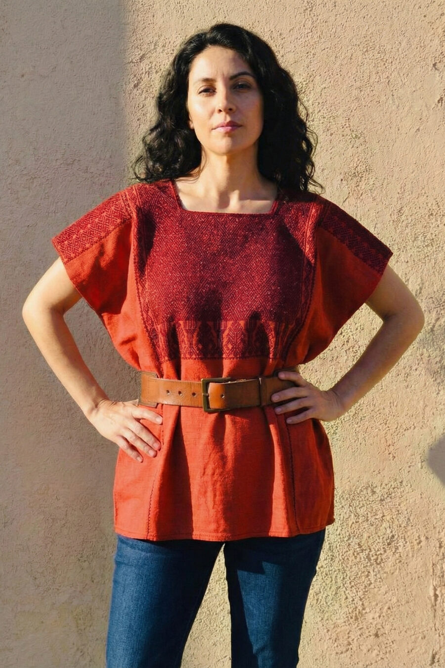Terracotta Red Geometric Embroidered Huipil Blouse