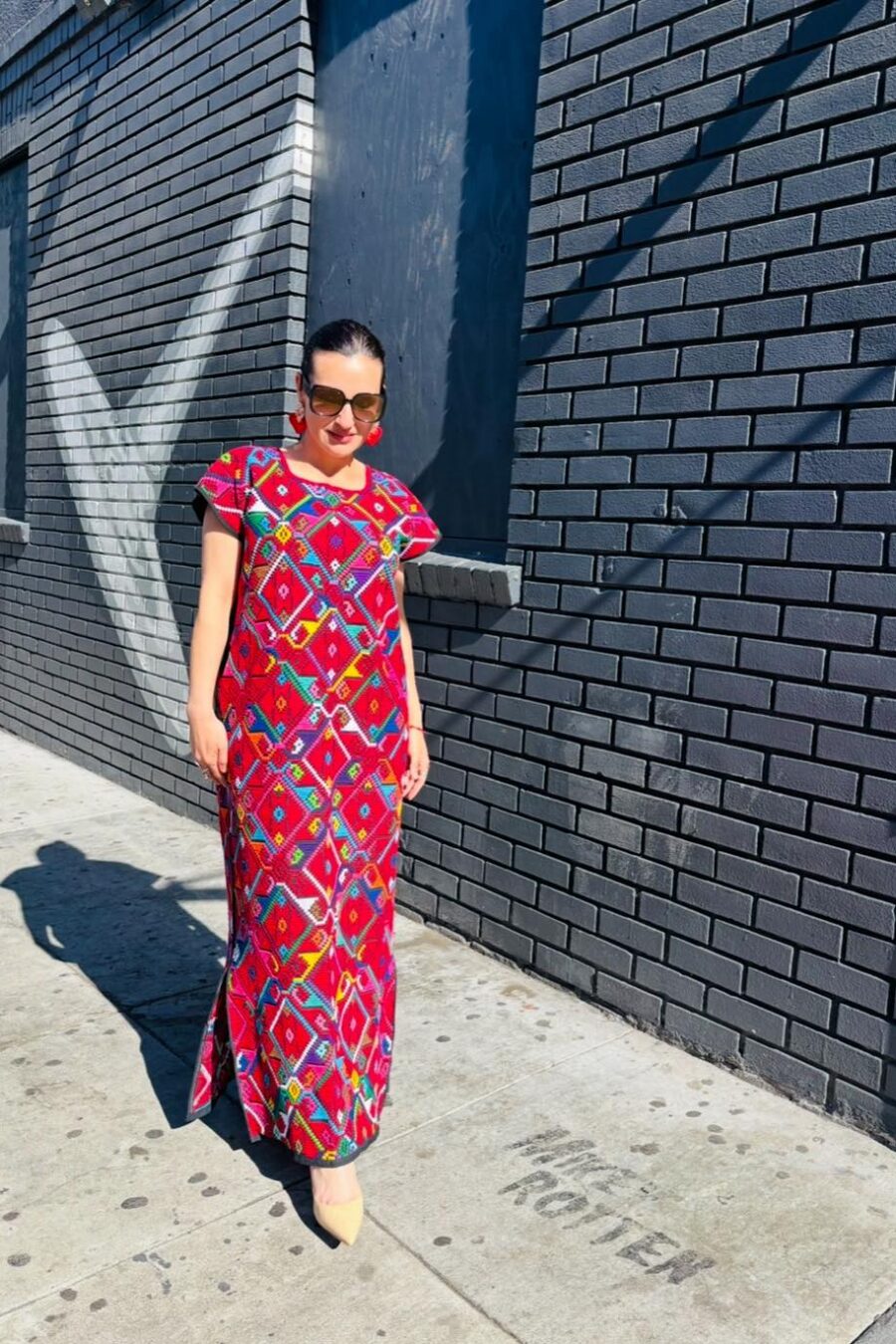 Vibrant Red Geometric Embroidered Huipil-Style Maxi Dress