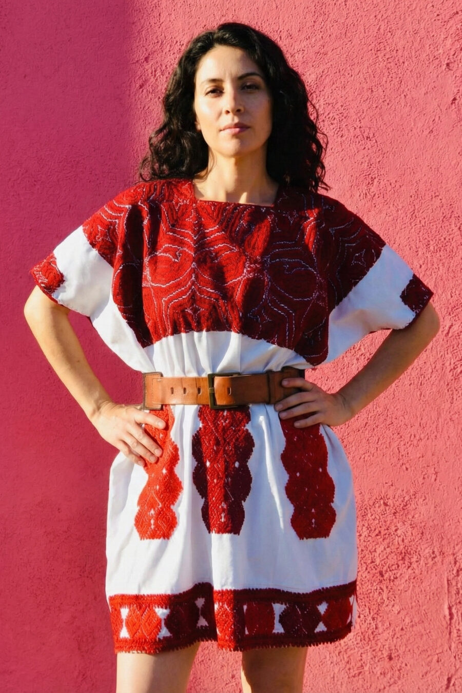 Vibrant Red Embroidered Huipil-Style Tunic Dress