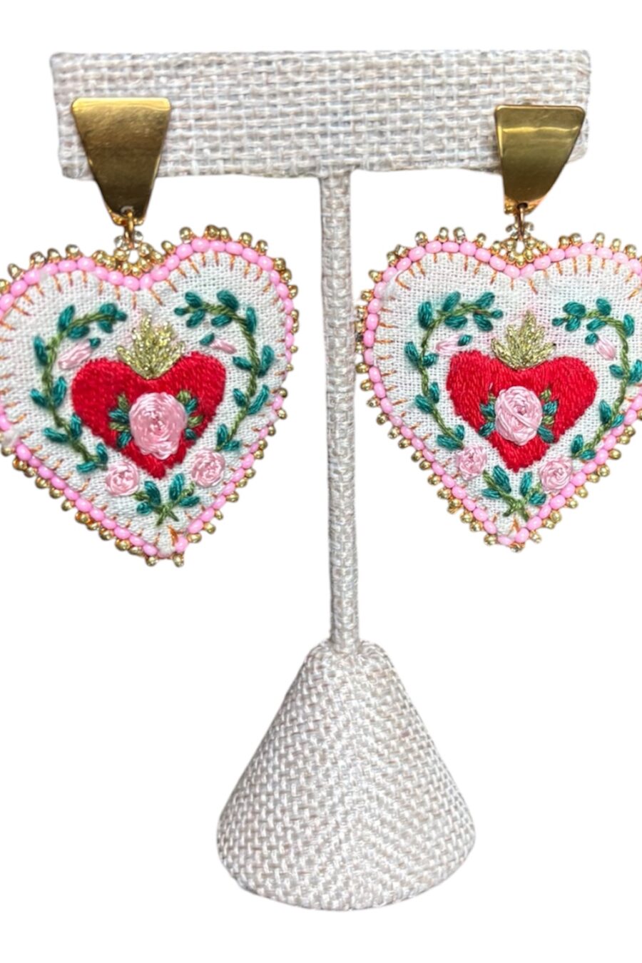 Blush Embroidered Heart Earrings