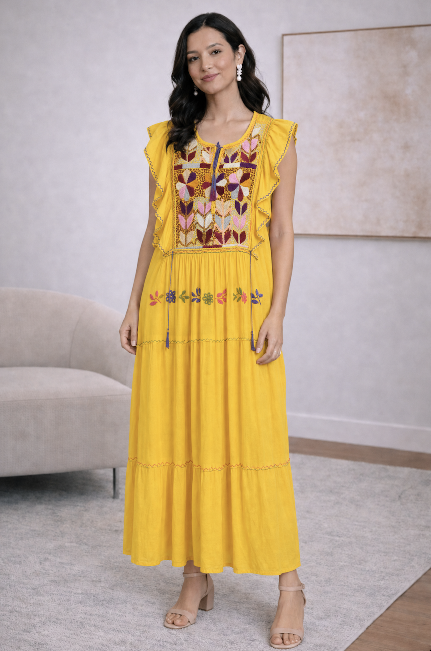 Folk-Inspired Yellow Embroidered Midi Dress