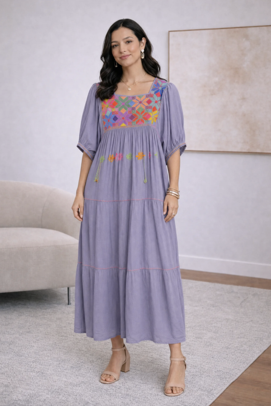 Artisan Lavender Geometric Embroidered Maxi Dress