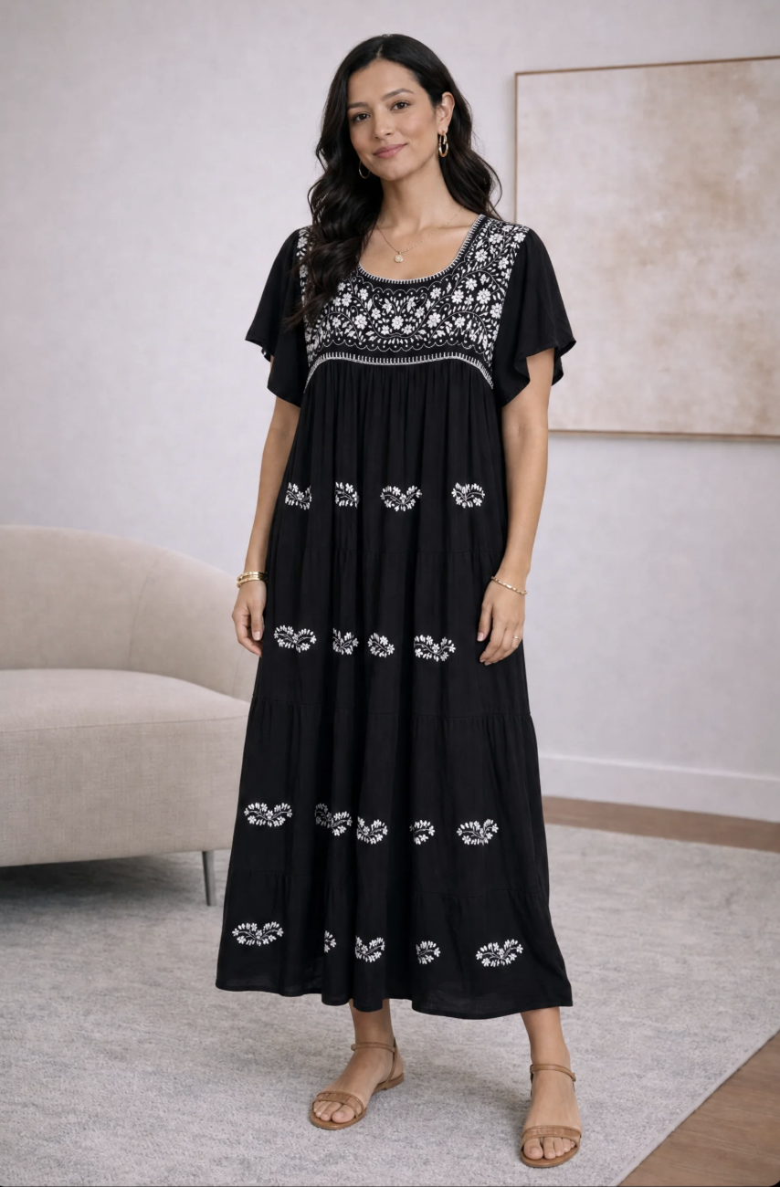 Artisan Black & White Floral Embroidered Maxi Dress