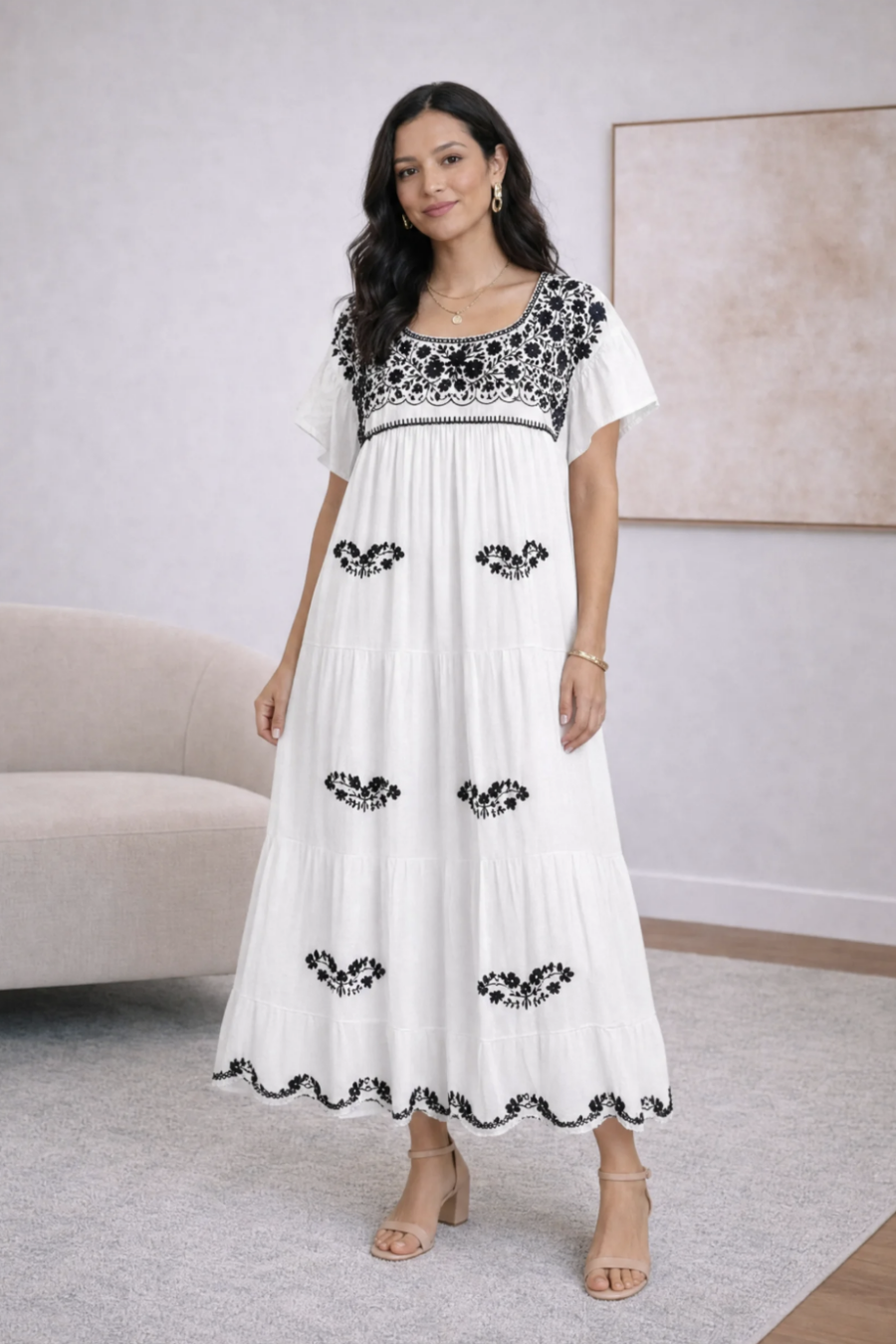 Artisan Ivory & Black Floral Embroidered Maxi Dress