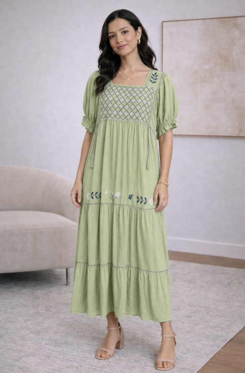 Artisan Sage Geometric Embroidered Maxi Dress