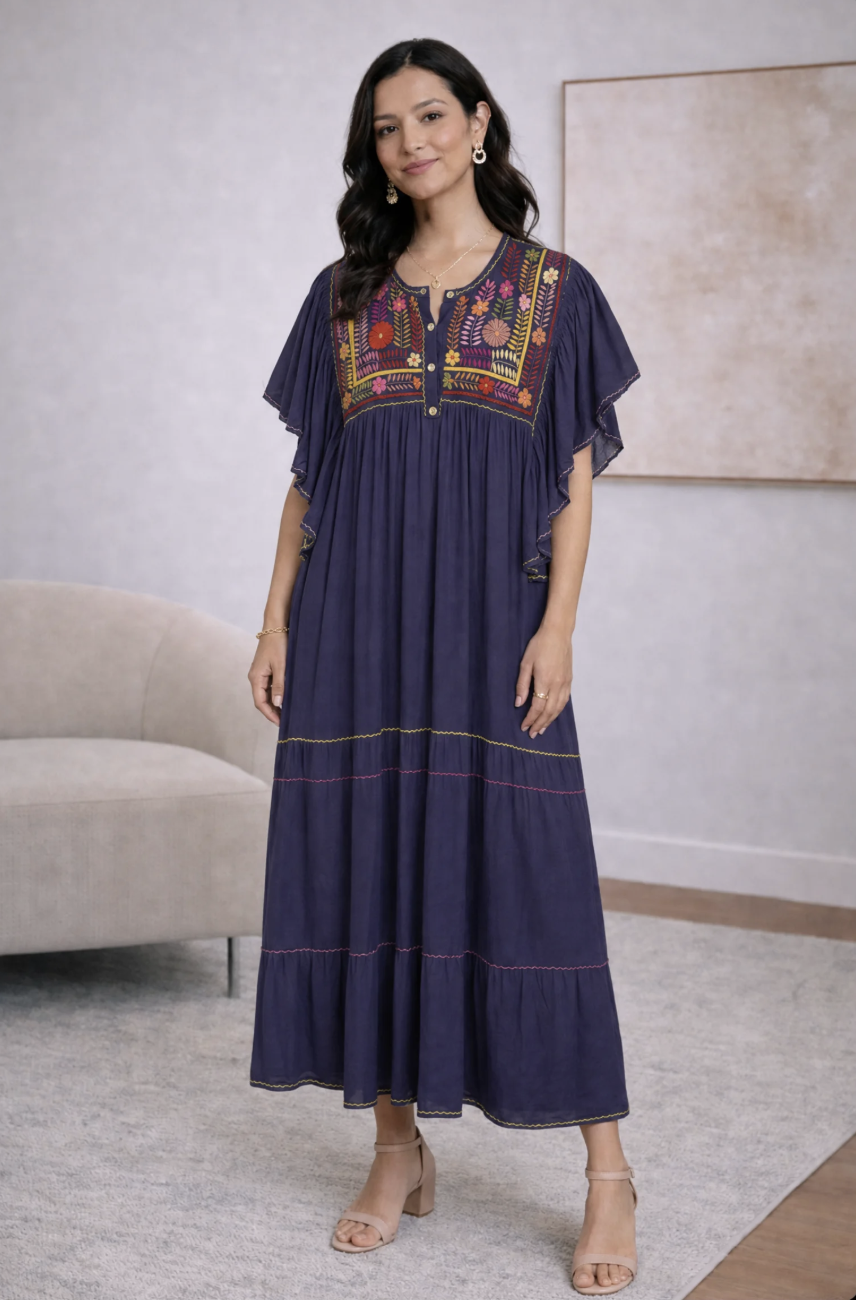 Artisan Midnight Blue Floral Embroidered Maxi Dress