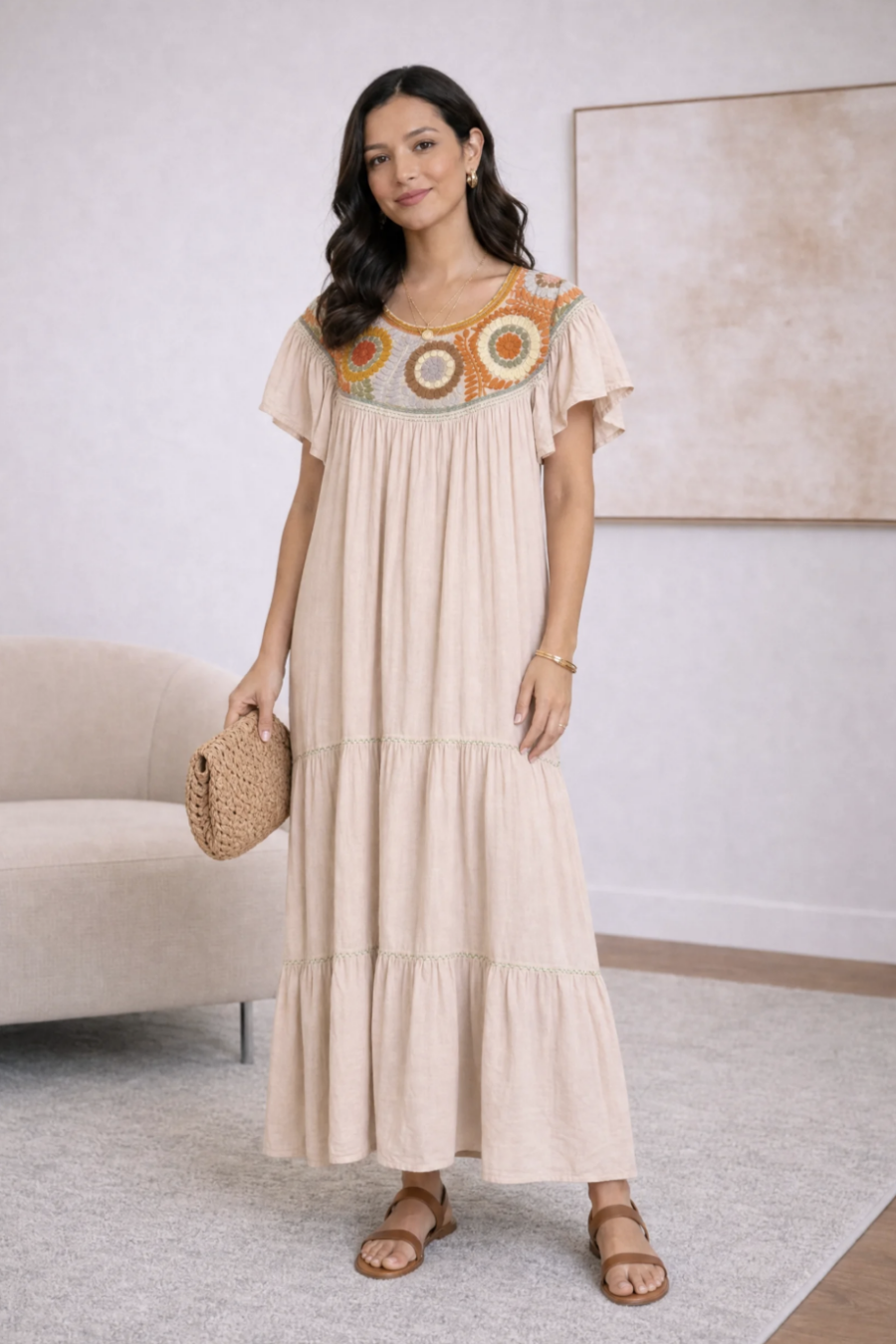 Artisan Sand Floral Embroidered Maxi Dress