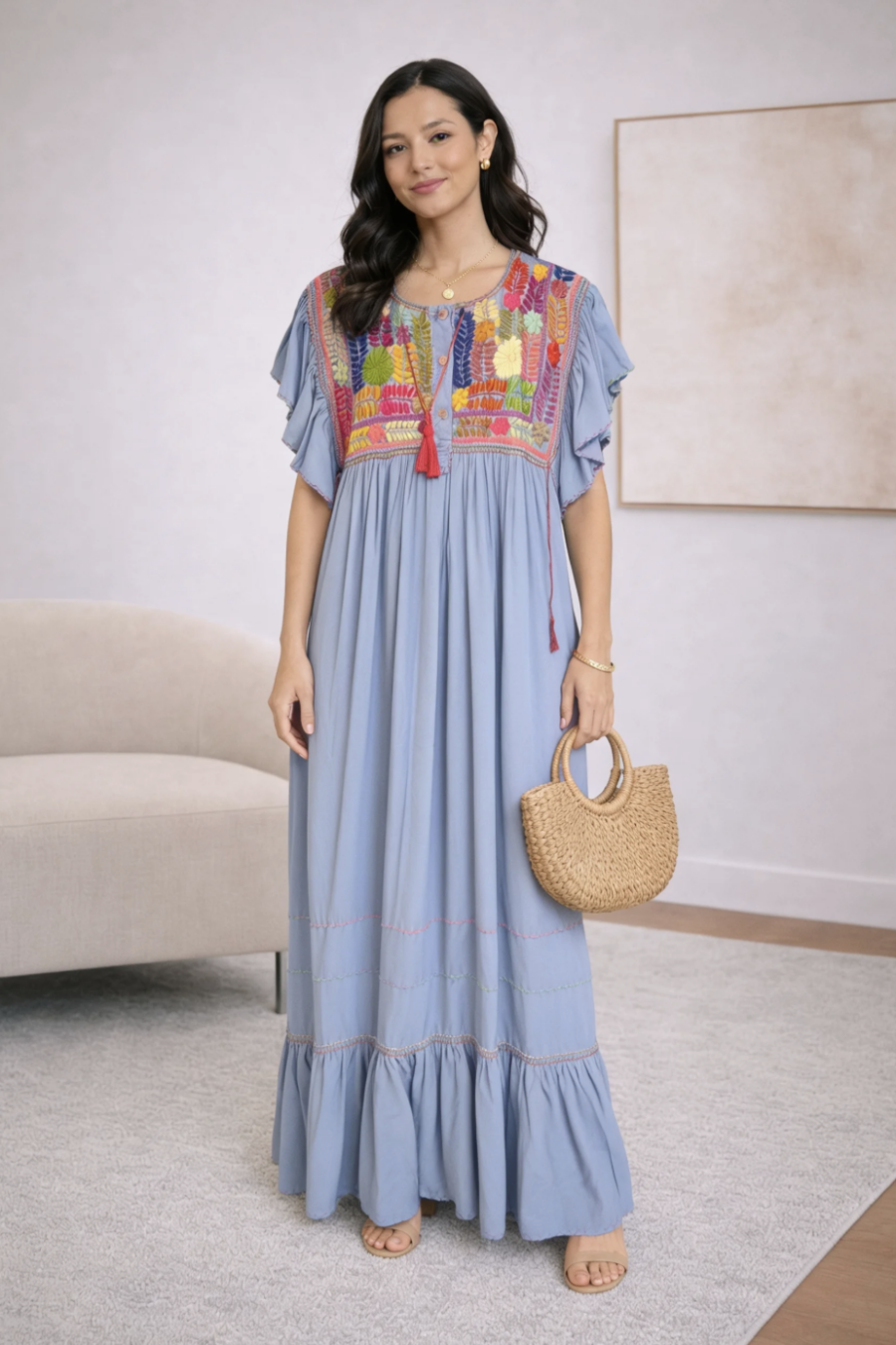 Artisan Sky Blue Botanical Embroidered Maxi Dress
