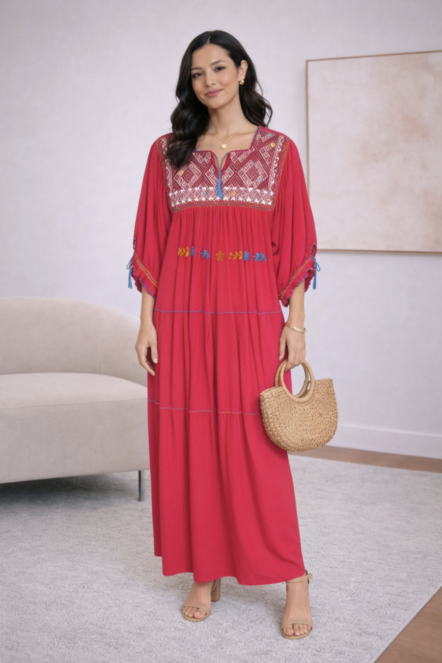 Artisan Crimson Geometric Embroidered Maxi Dress