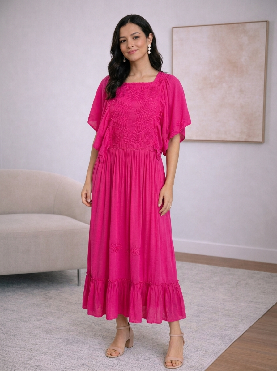 Folk-Inspired Fuchsia Embroidered Midi Dress