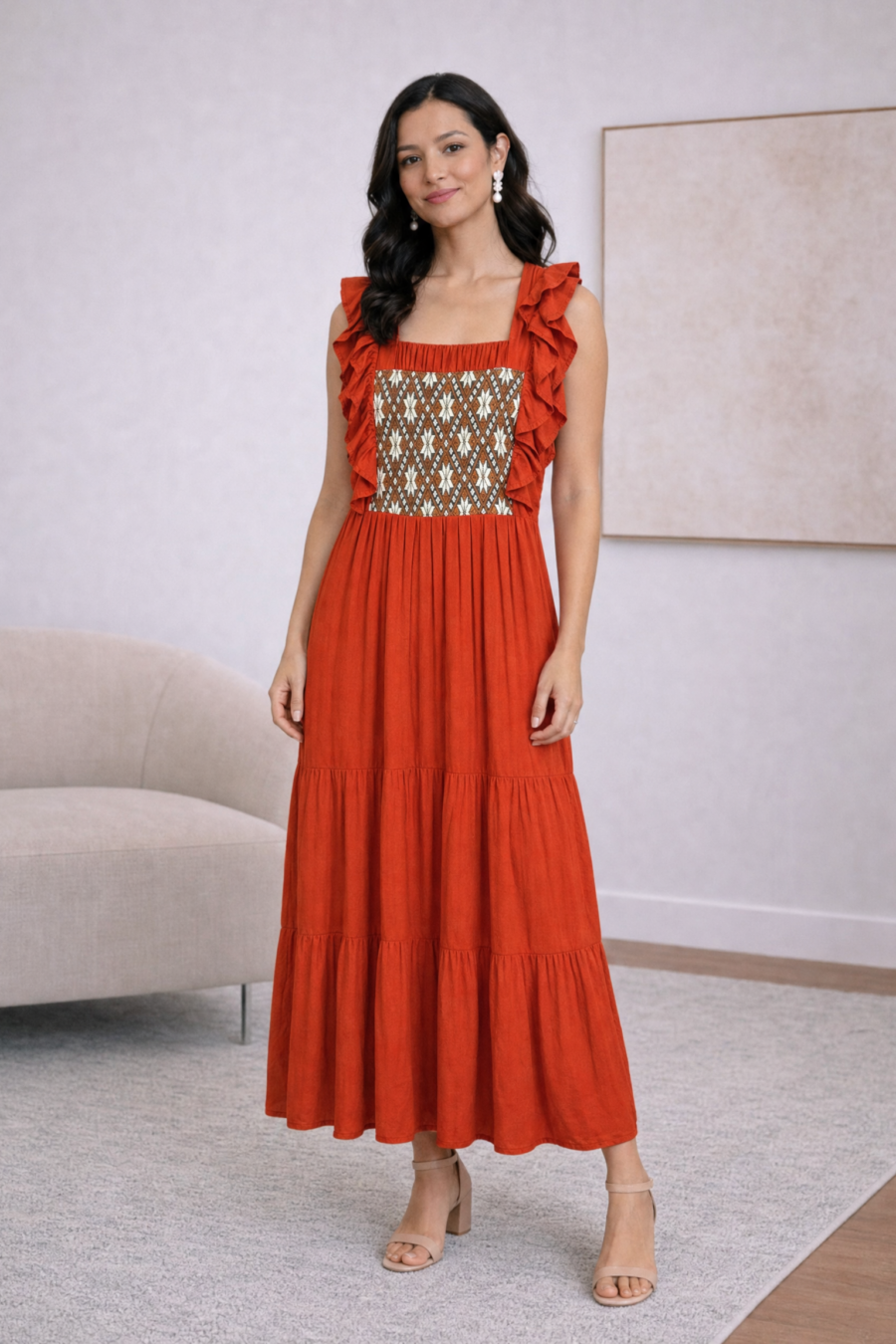 Folk-Inspired Terracotta Embroidered Midi Dress