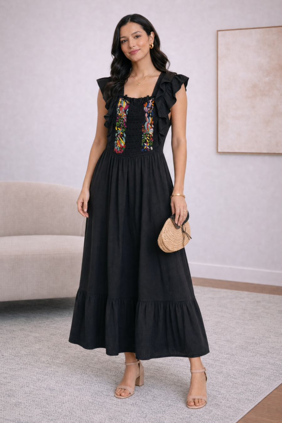 Artisan Black Floral Embroidered Midi Dress